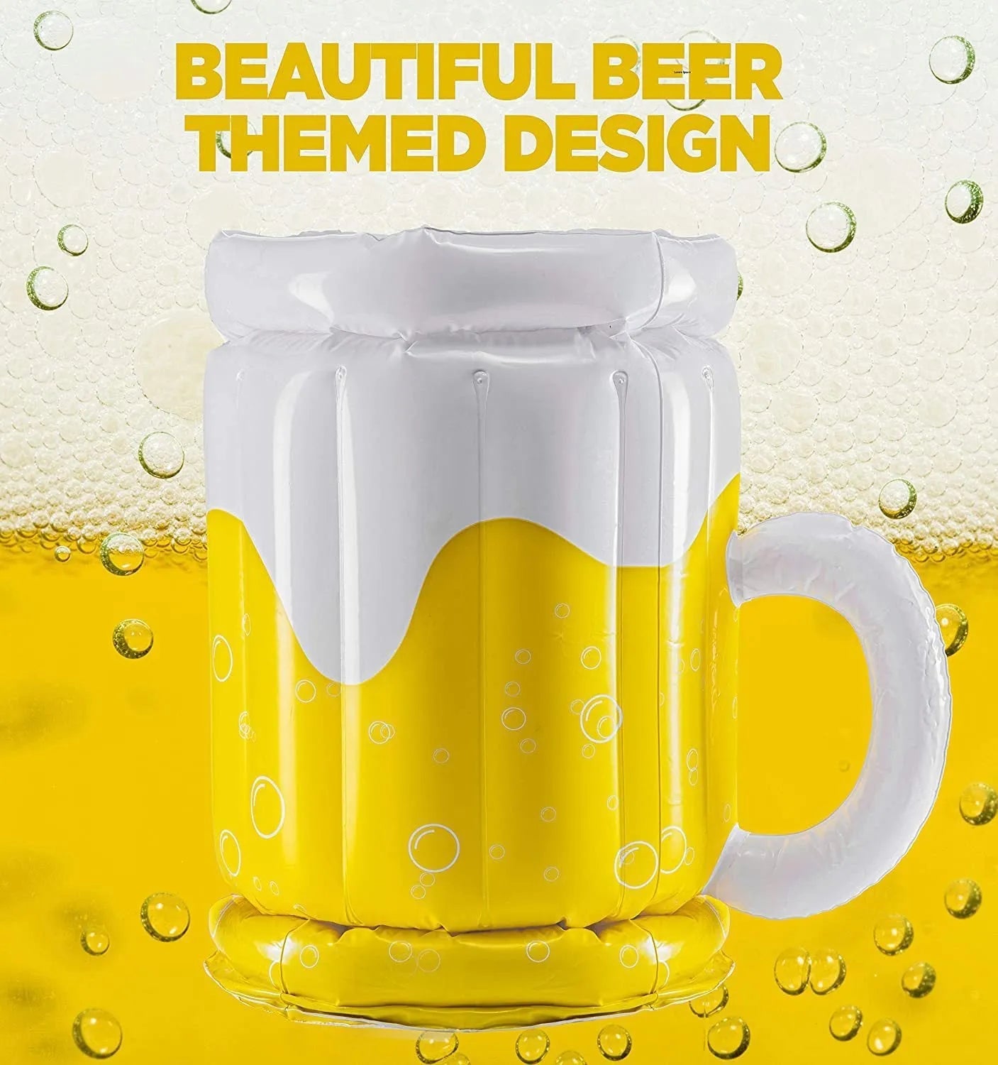 Yellow inflatable beer mug cooler floating in pool with drinks, showing 44cm height