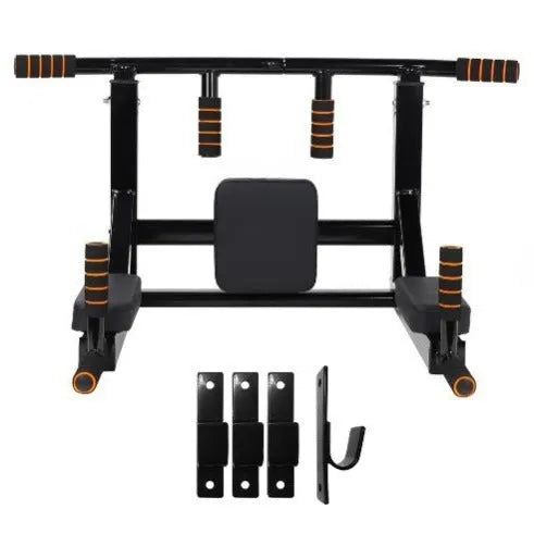 Black wall-mounted fitness equipment with sandbag rack and parallel pull-up bars