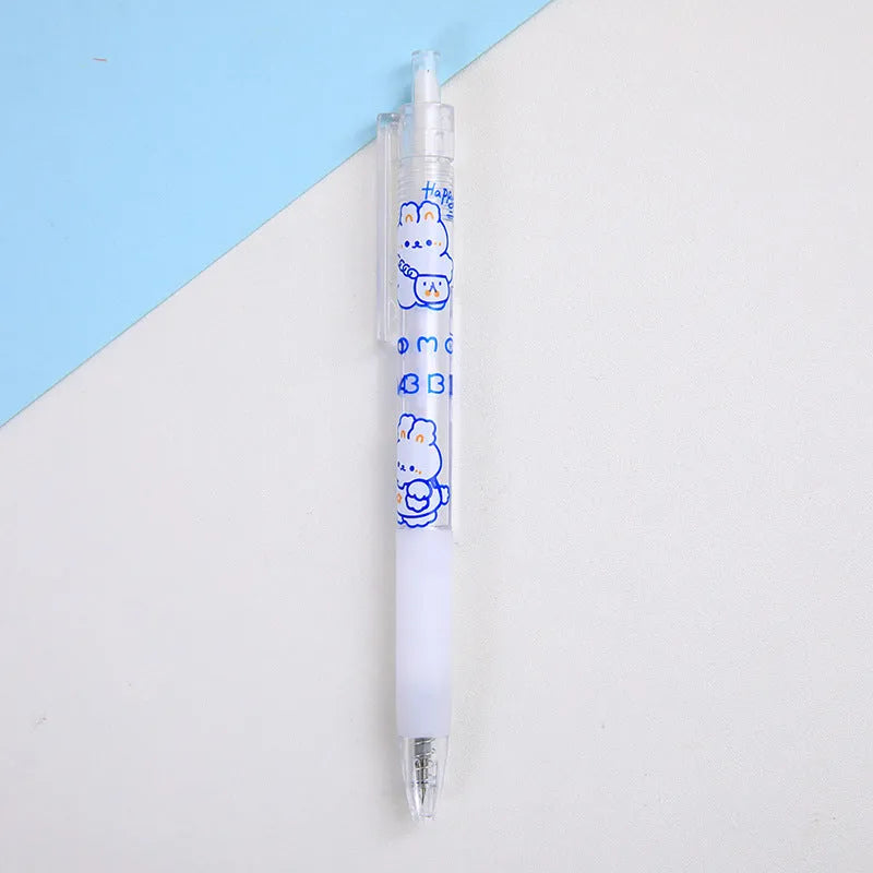 A pack of six colourful bear and rabbit character press pen knives on a white background.