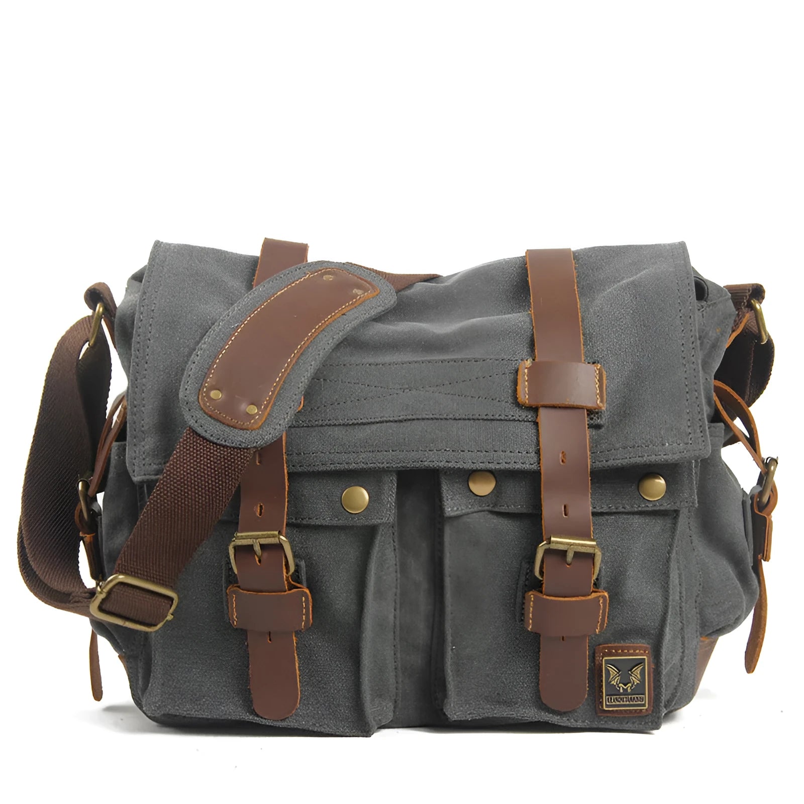 Men's retro canvas crossbody shoulder bag with flap closure and cowhide detailing in multiple colour options