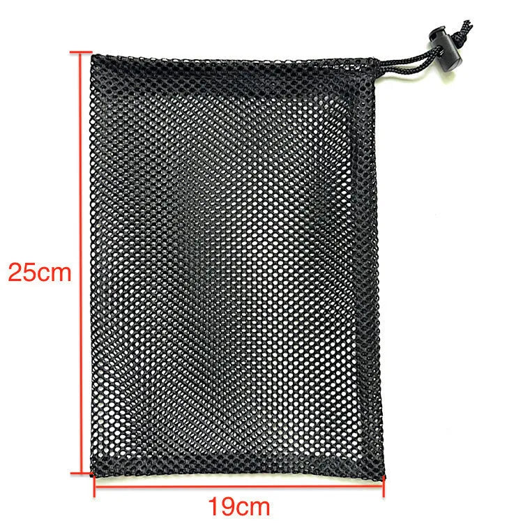 Black drawstring mesh storage bag for children's water balloons.