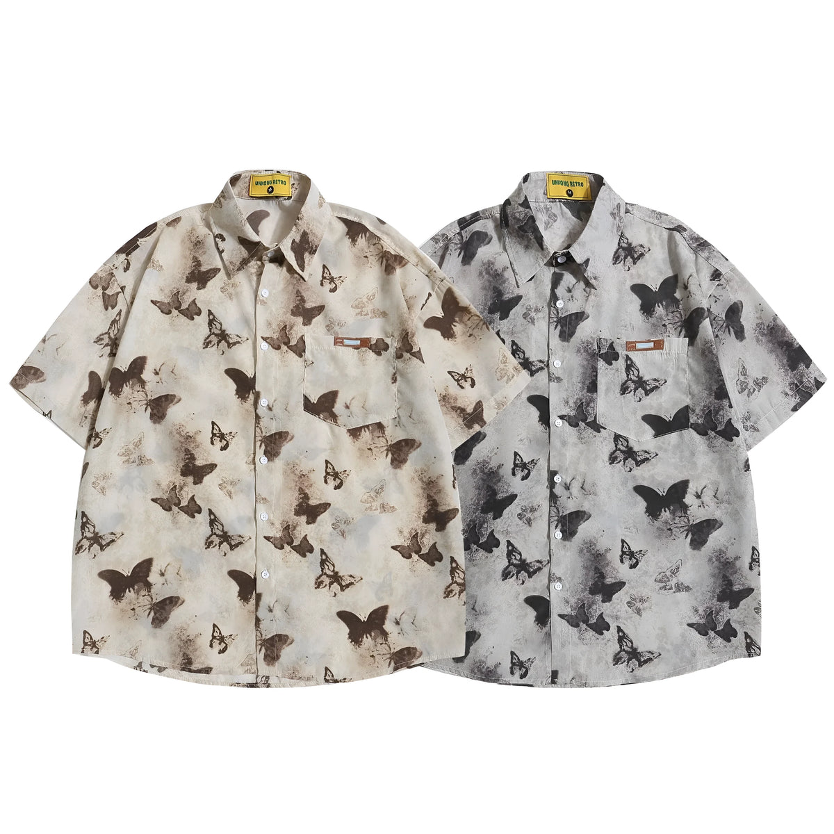 Loose half sleeve top with butterfly pattern in gray or khaki, polyester, sizes M L XL