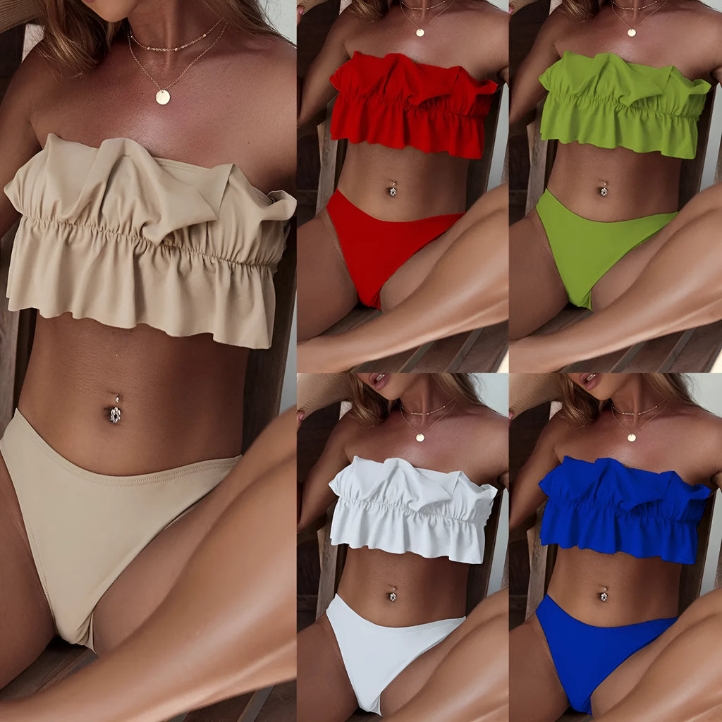 Ladies split swimsuit tube top bikini set in nylon, sizes S M L, shown in white beige red grass green and royal blue