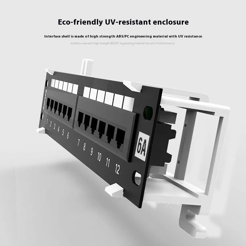 Black AMPCOM 12-port unshielded network distribution frame with rear hook bracket.