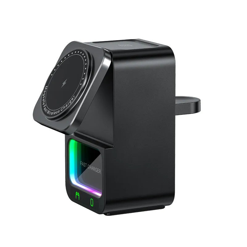 White Bluetooth speaker with integrated wireless charging pad showing phone placement on magnetic mount