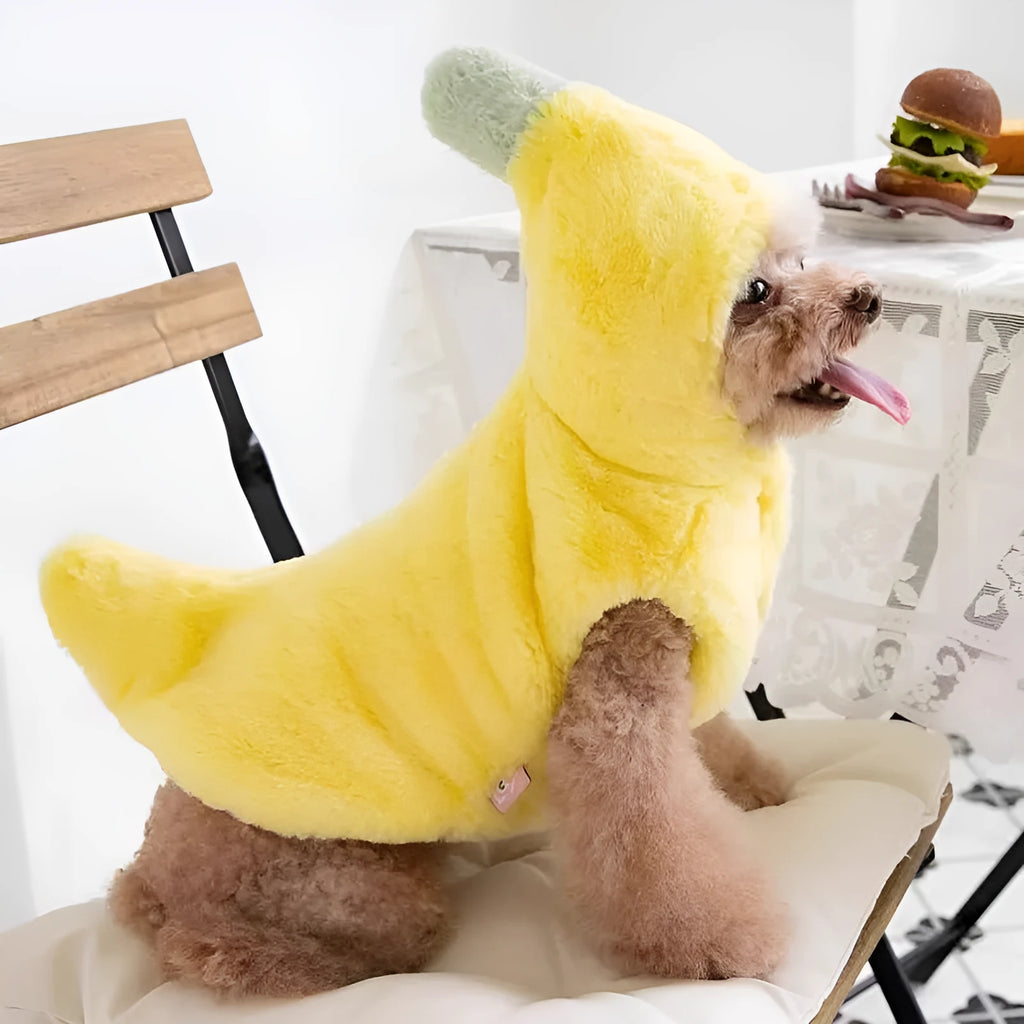 Yellow polyester funny banana dog costume for autumn winter, available in sizes S M L XL