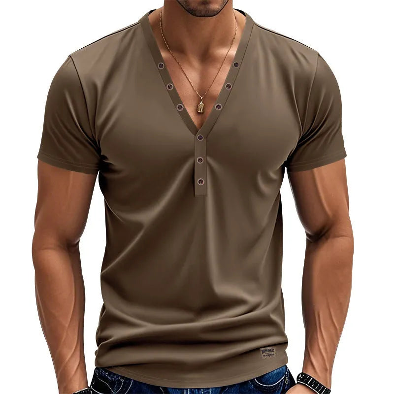 Men's loose V-neck pullover with button design in chemical fibre blend fabric