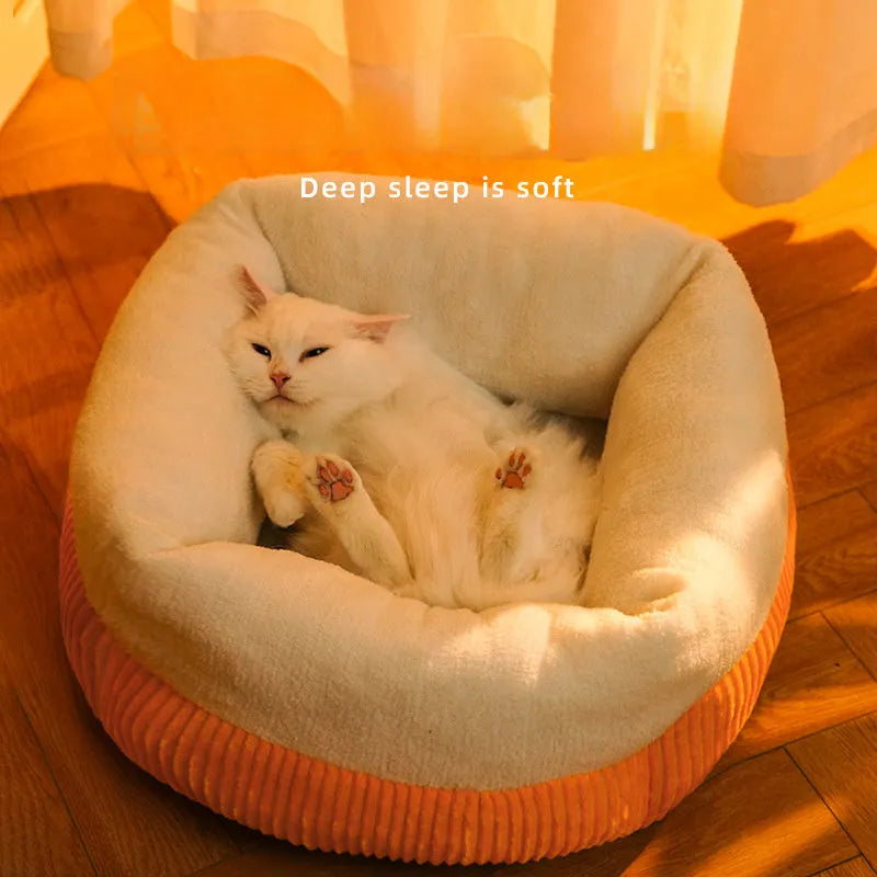 Washable circular cat sofa bed in yellow with plush fabric and non-slip base for calming sleep