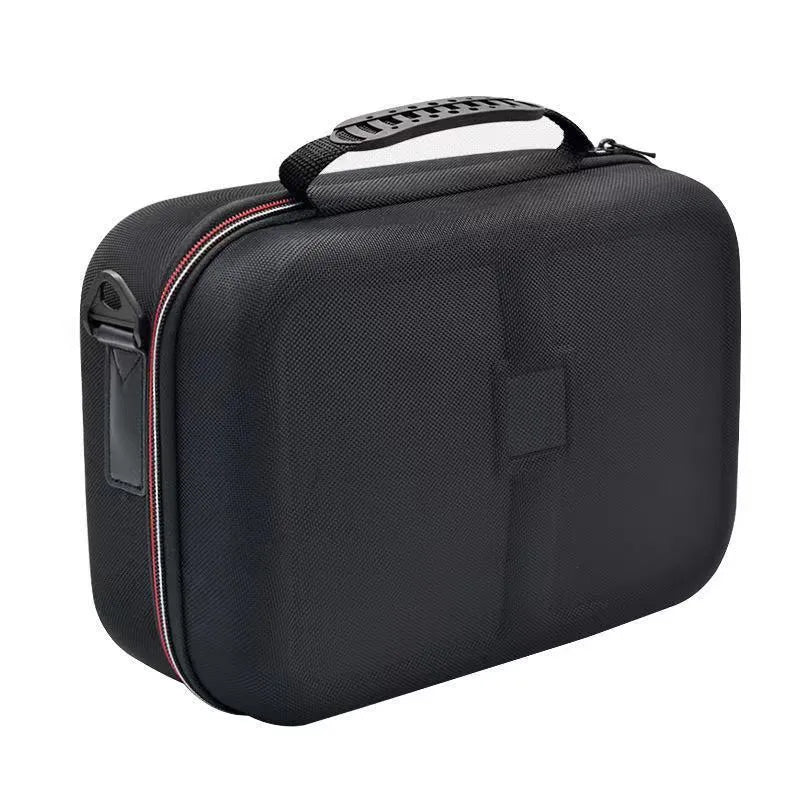 Black EVA game console accessory storage bag showing dimensions for organising controllers and cables.