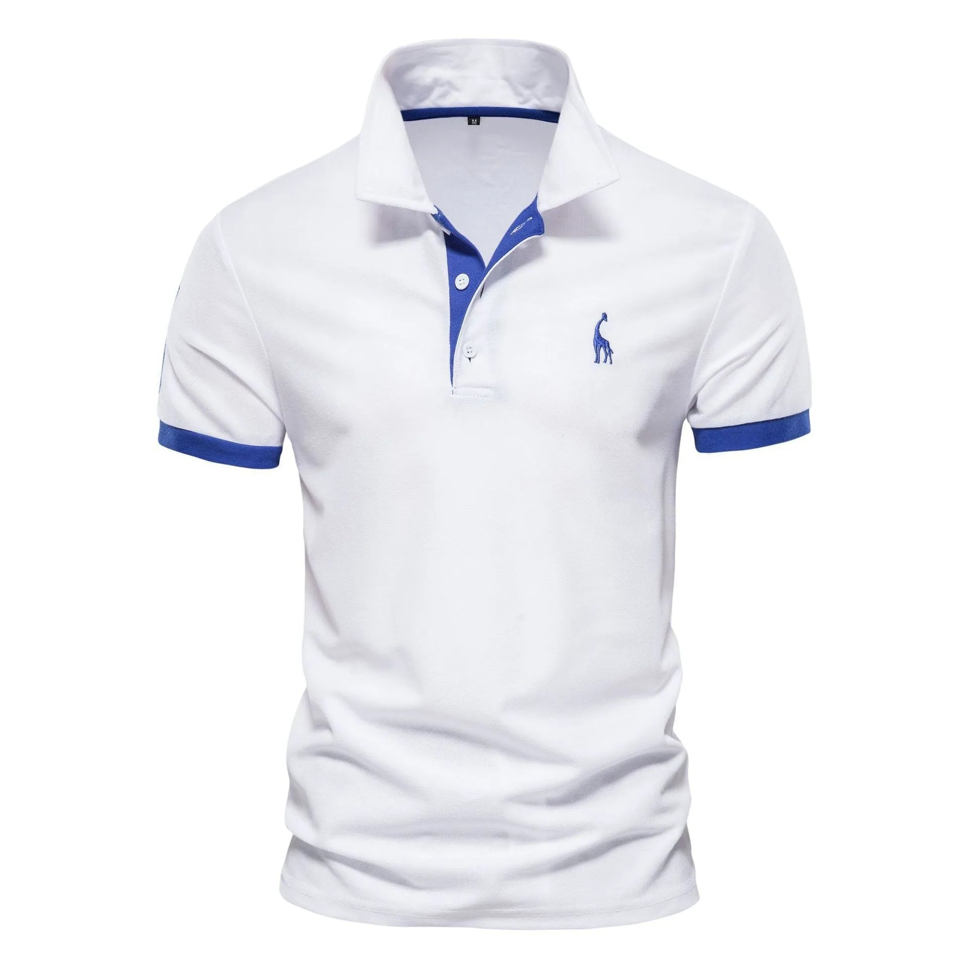 Men's slim fit embroidered short sleeve T-shirt in a cotton blend fabric on a hanger.