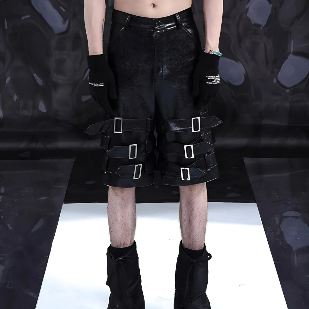 Black men's leather-look casual cropped shorts with ring details on a low-rise waist.