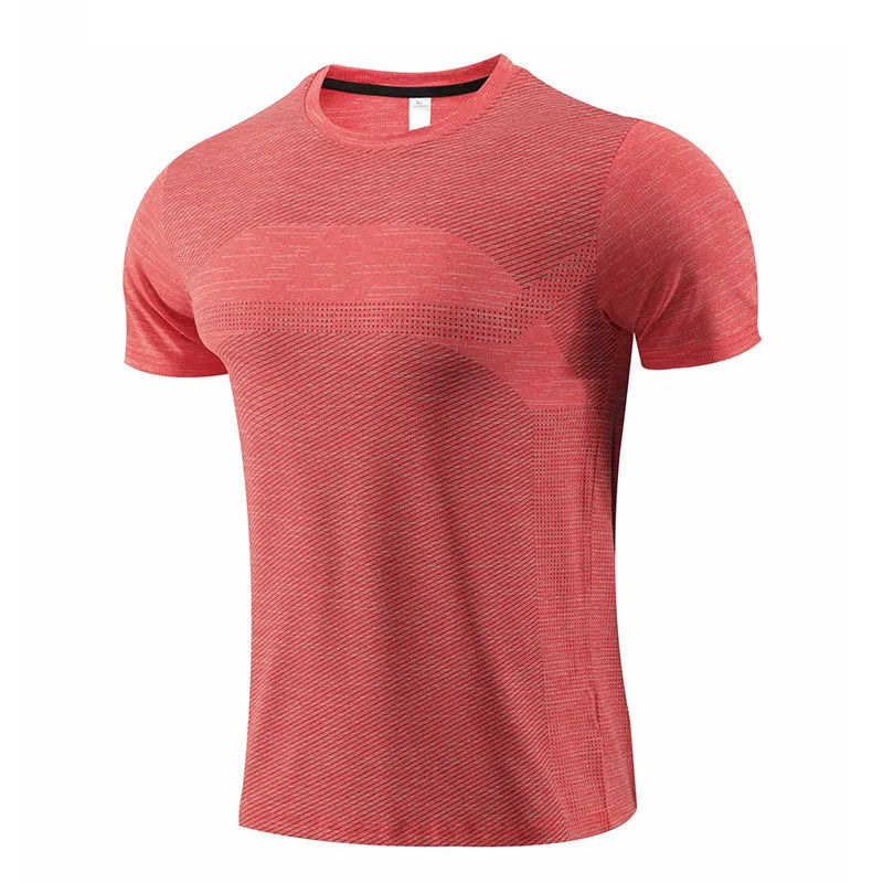 Men's red short-sleeved sports T-shirt made from polyester spandex fabric for running and basketball.