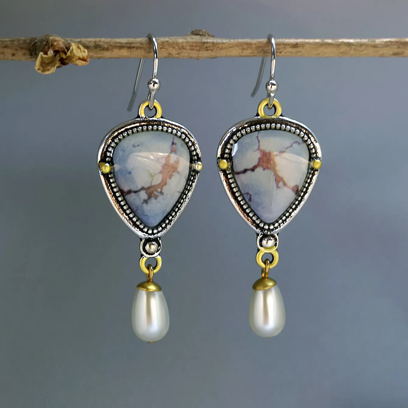 Retro blue geometric drop earrings with electroplated metal, synthetic opal and pearl details