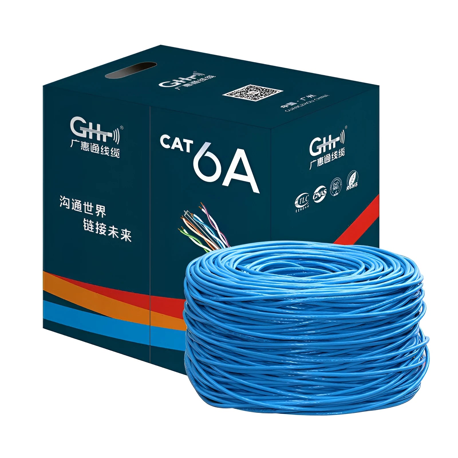 305 metre roll of blue CAT6 network cable with oxygen-free copper core on a spool