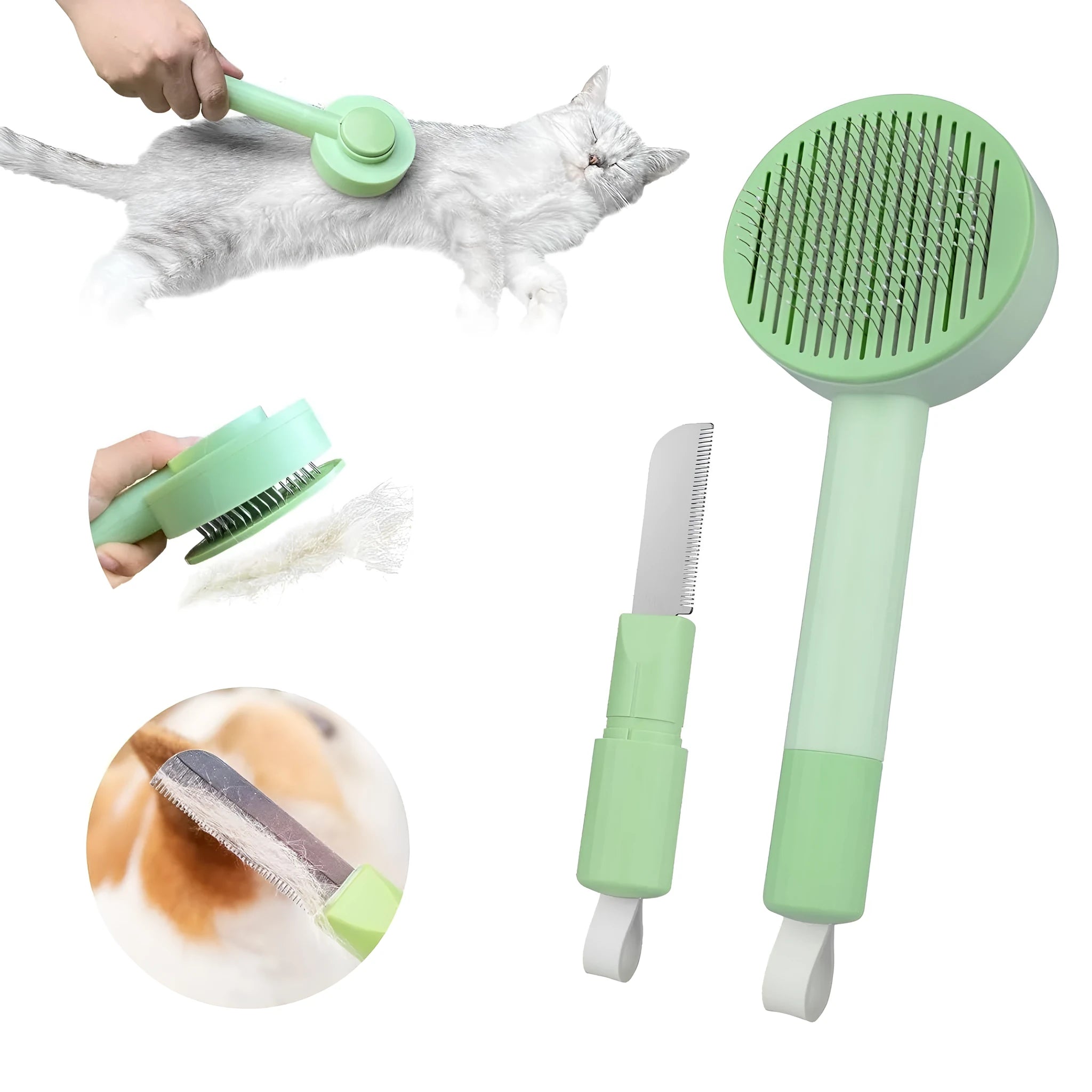 Green and yellow 2-in-1 pet grooming brush with stainless steel teeth and hanging hook