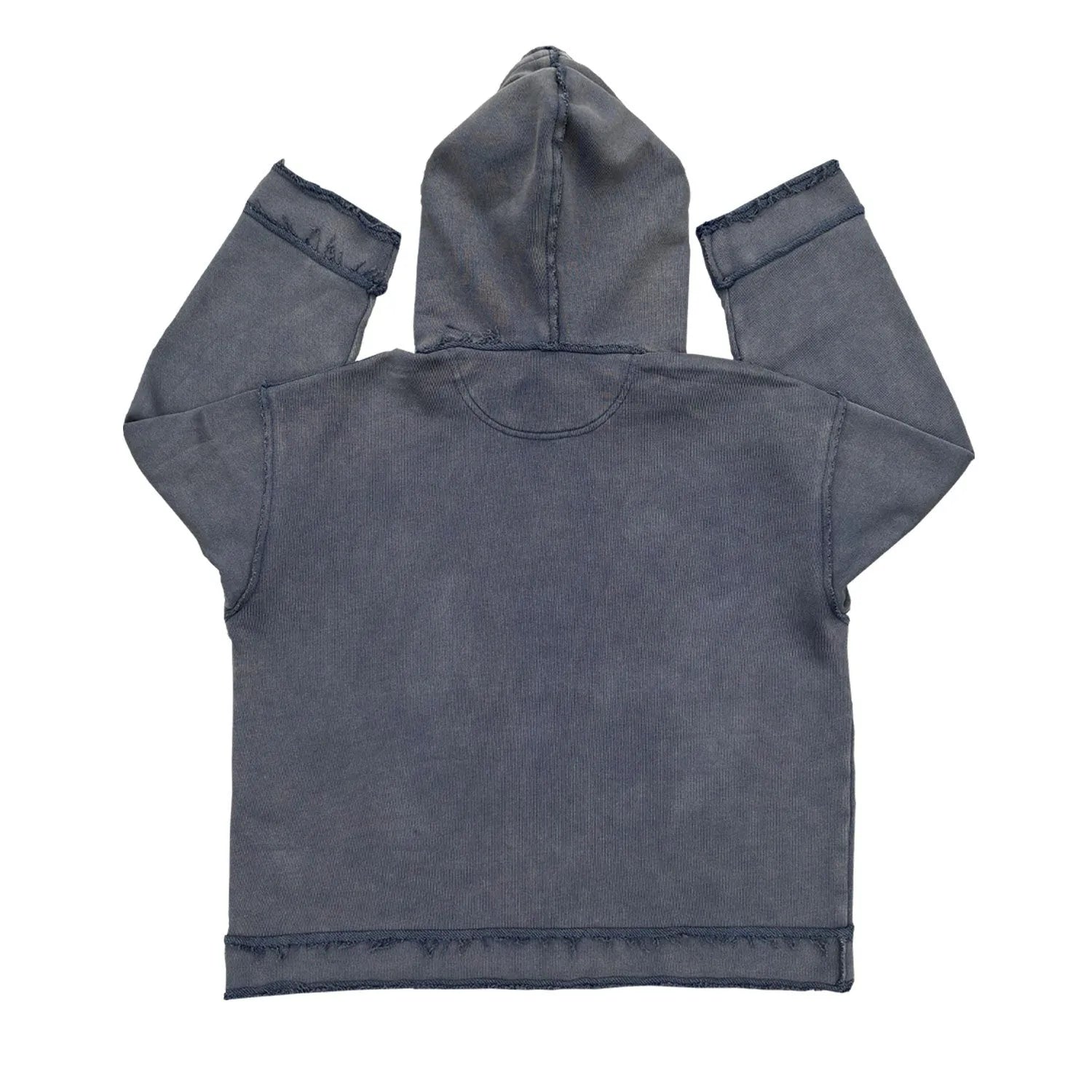 Reverse dark blue hoodie sweater on a model, showing knitted texture and hood.
