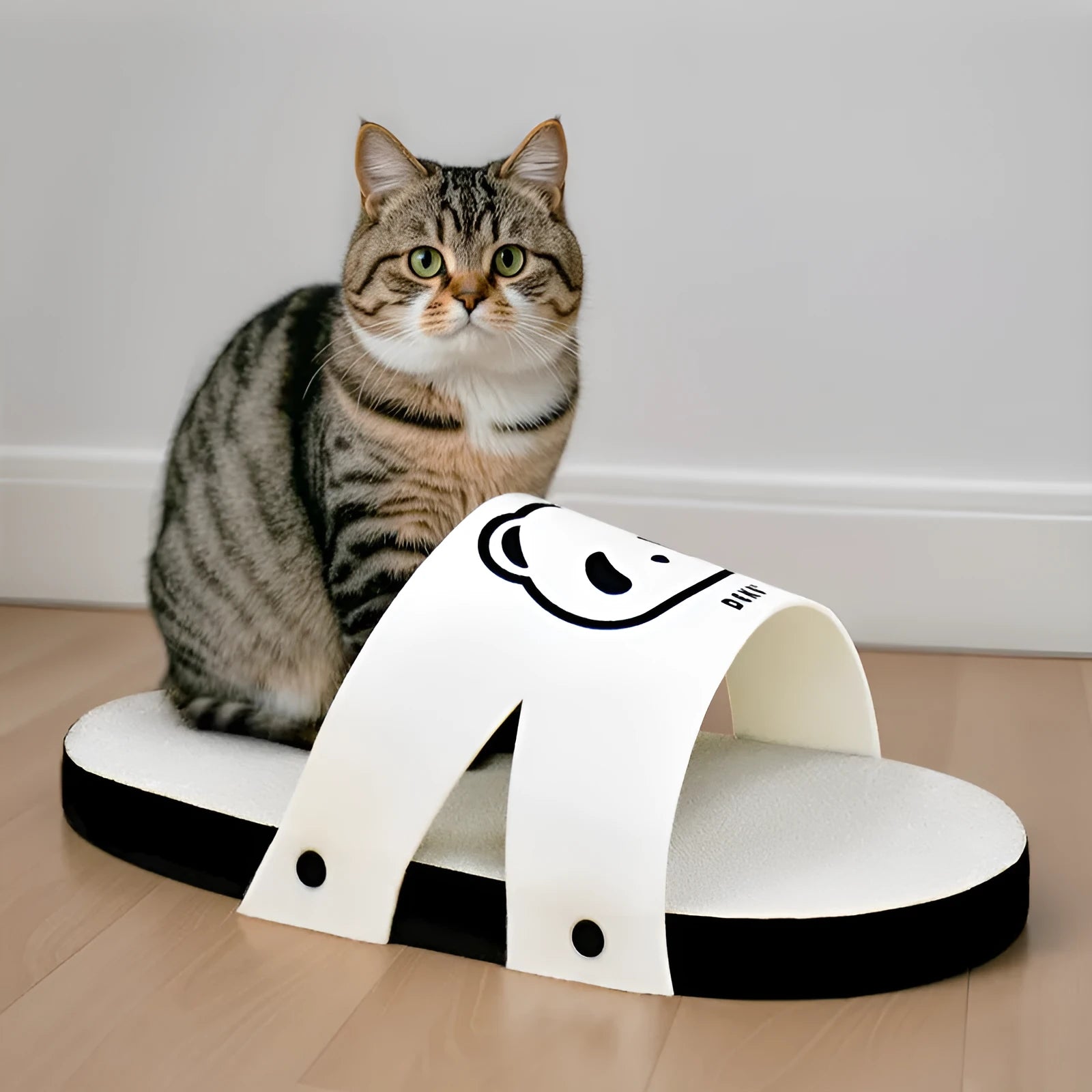White slipper-shaped corrugated paper cat scratch board on a floor