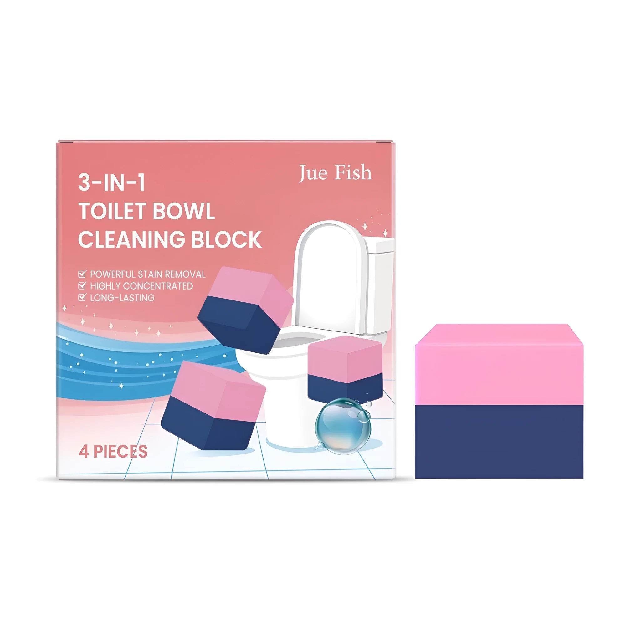 Four three-in-one toilet cleaning blocks for cistern use with sodium bicarbonate and citric acid.