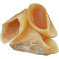 Natural cowhide dog chew snack in hoof shell colour for small and large breed sizes.
