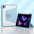Swivel tablet holster with pen tray cover for iPad, faux leather clamshell design in black, showing stylus slot and closed cover