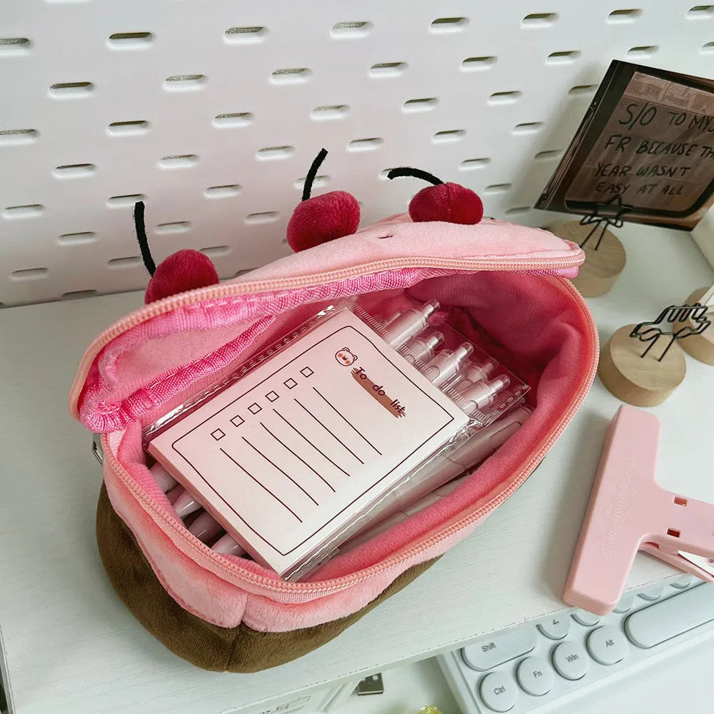 Cherry Cake pink and cream velvet pencil bag with plush Korean-style design