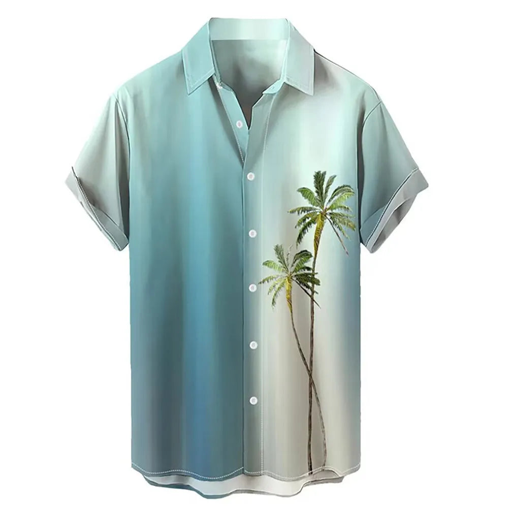 Man wearing a short-sleeved Hawaiian shirt with colourful 3D printed patterns.