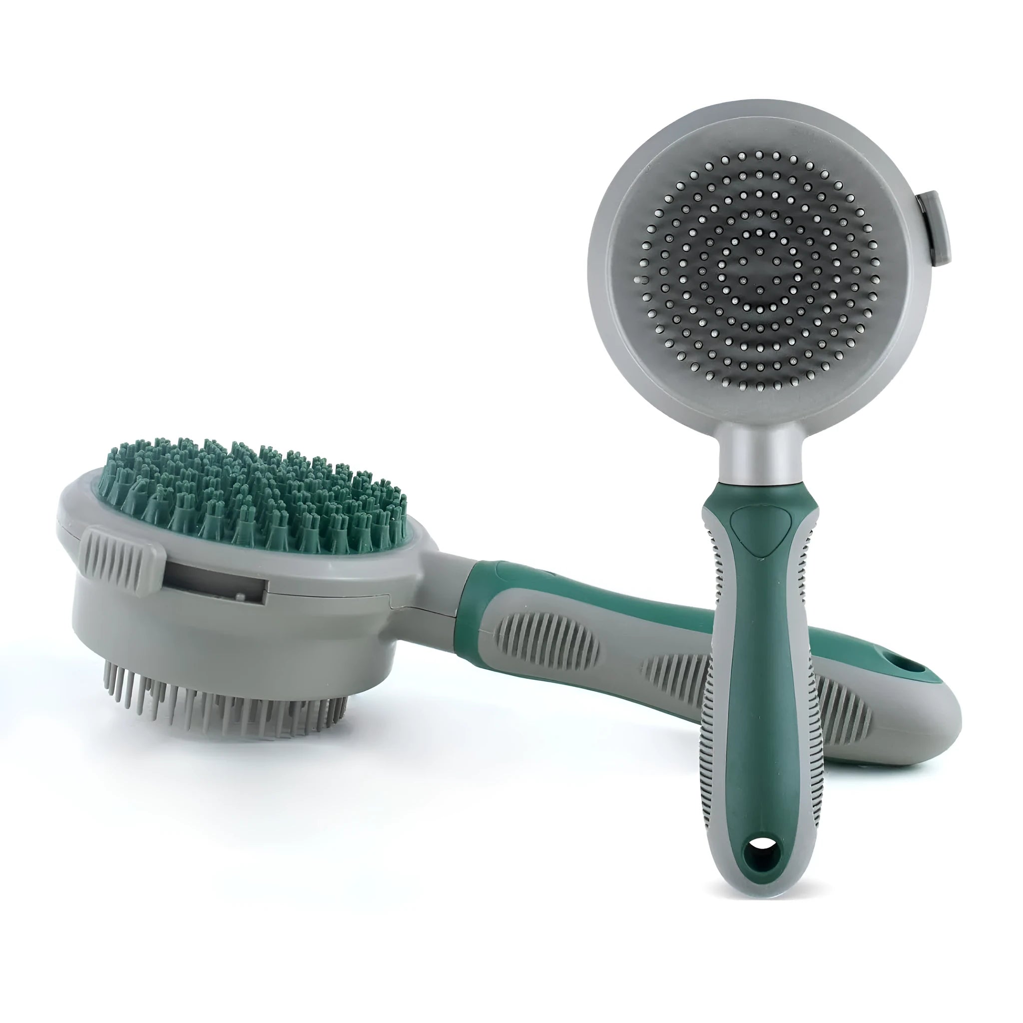Green and pink 2-in-1 silicone cat hair brush with retractable slicker and massage pins for pet grooming