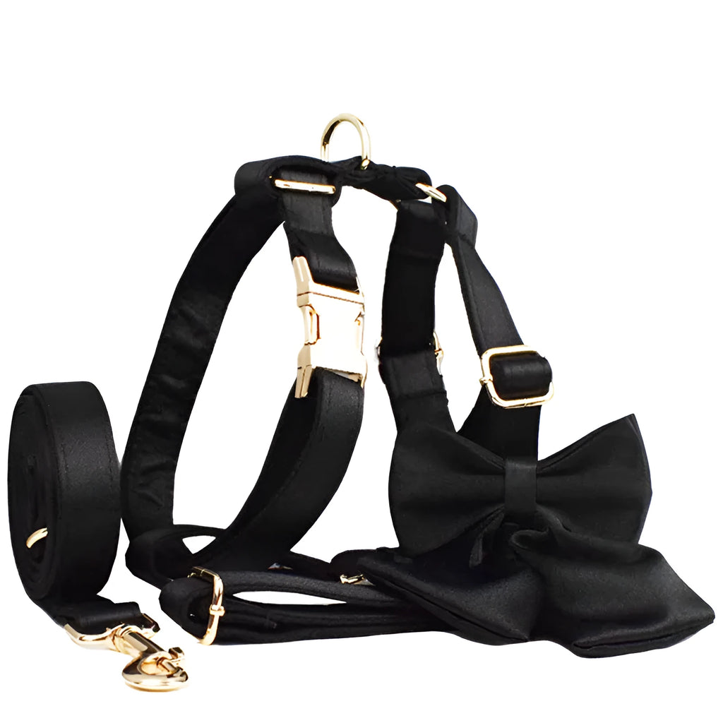 Dog wearing cloth collar and chest-strap vest harness with matching leash and decorative bow attached