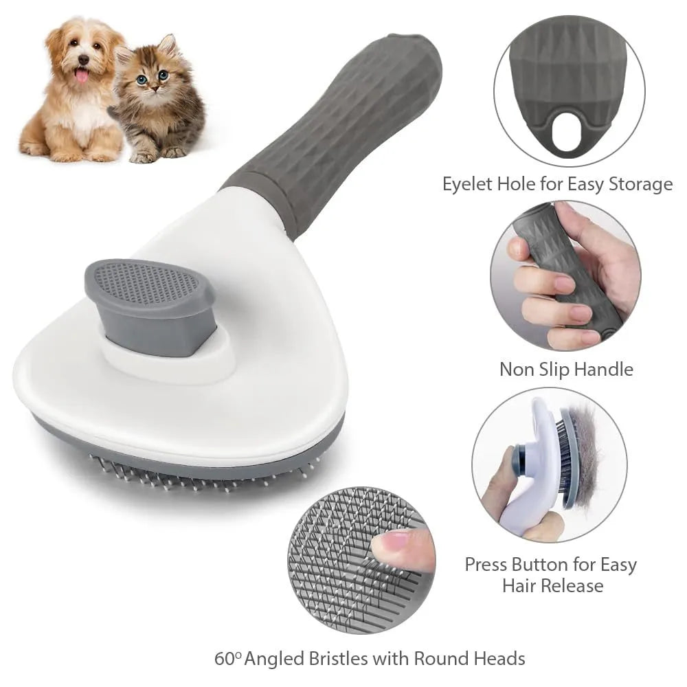 A grey cat grooming brush with a release button and fine wire bristles, shown removing loose fur.