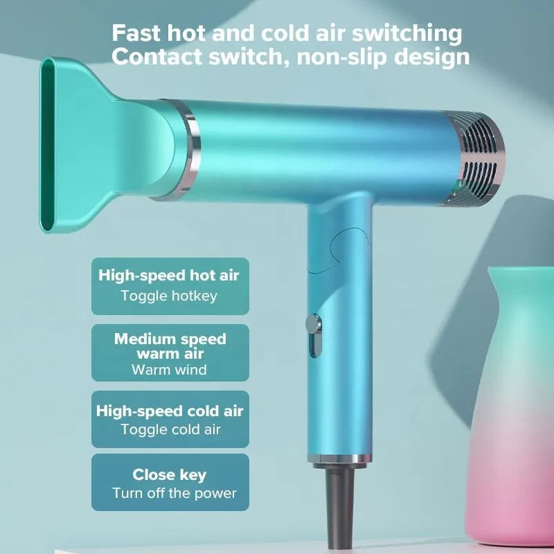 Foldable 1300W negative ion hair dryer in green or purple, 25 x 11.5 x 7 cm, with folding handle and US plug.