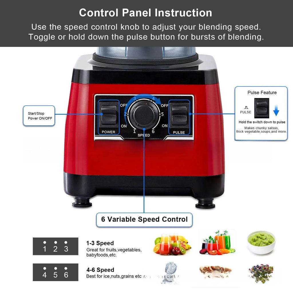 Red commercial blender model A8700 with 2200W power and 2L capacity jug