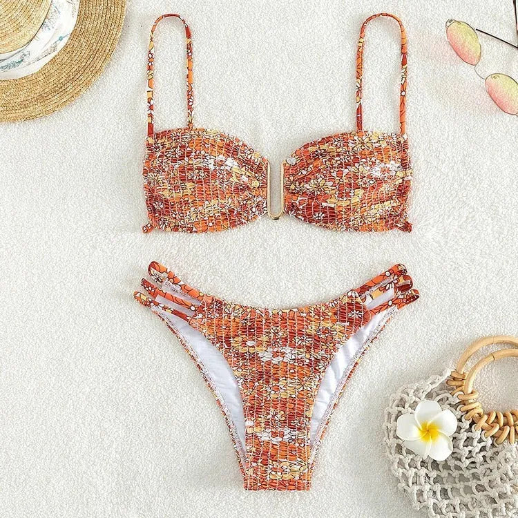 Women's floral high-waist bikini swimsuit in solid colour with separate bra and panties
