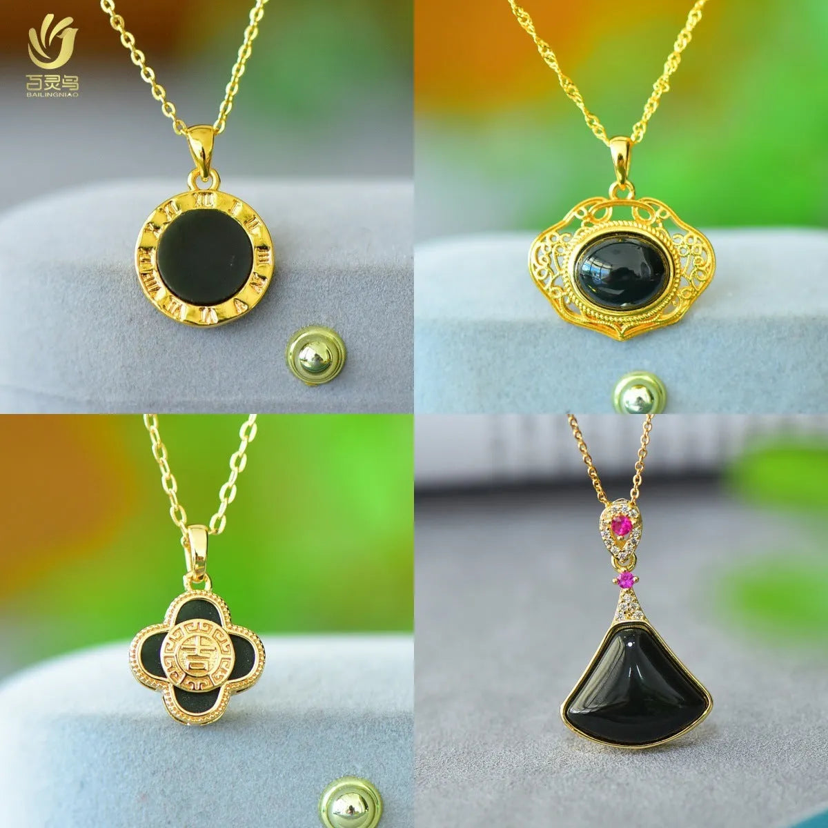 Flat polished Hetian Grey Jade pendant with copper inlay and Ink Blue Jade accents on a necklace.