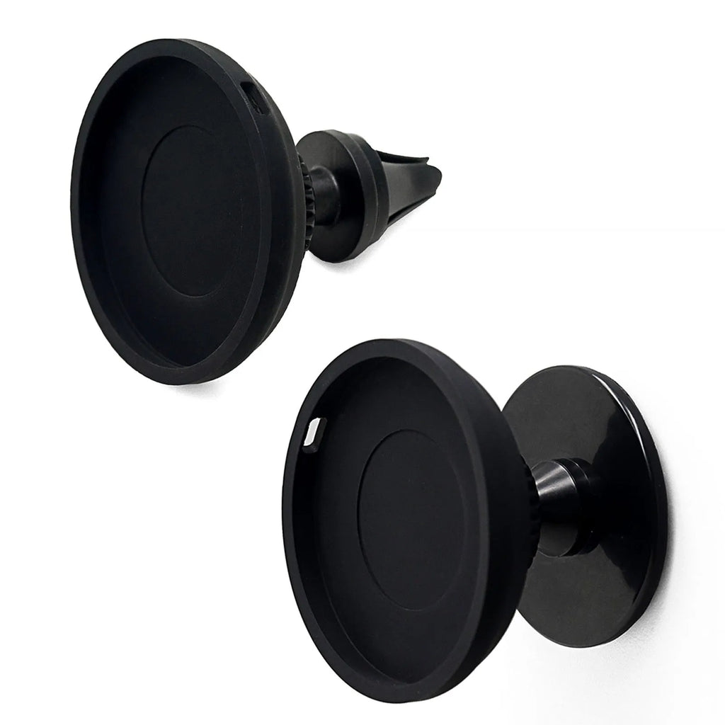 Black plastic car magnetic mobile phone holder with snap-in mount for air vent or dashboard use