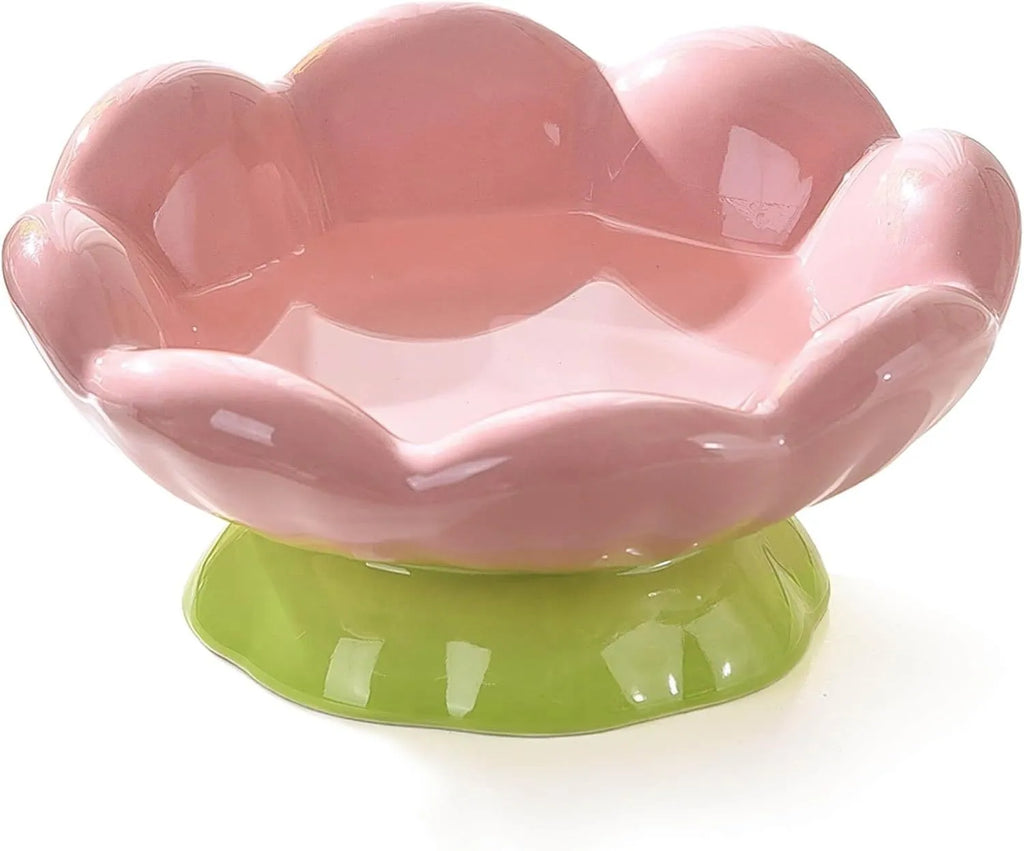 Pink ceramic raised cat bowl with flower shape and non-slip base, 15-degree angle, for small to medium cats
