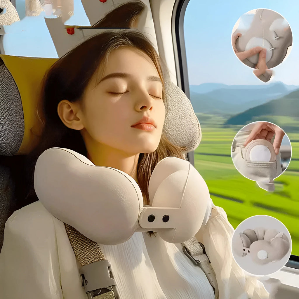 Inflatable U-shaped cartoon travel neck pillow in Cloud Bubble colour, shown deflated and portable.