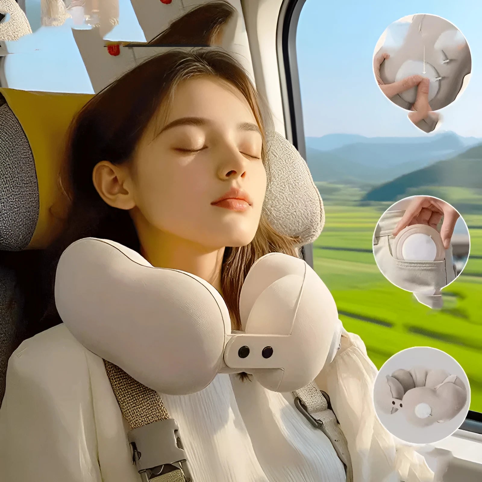 Inflatable U-shaped cartoon travel neck pillow in Cloud Bubble colour, shown deflated and portable.