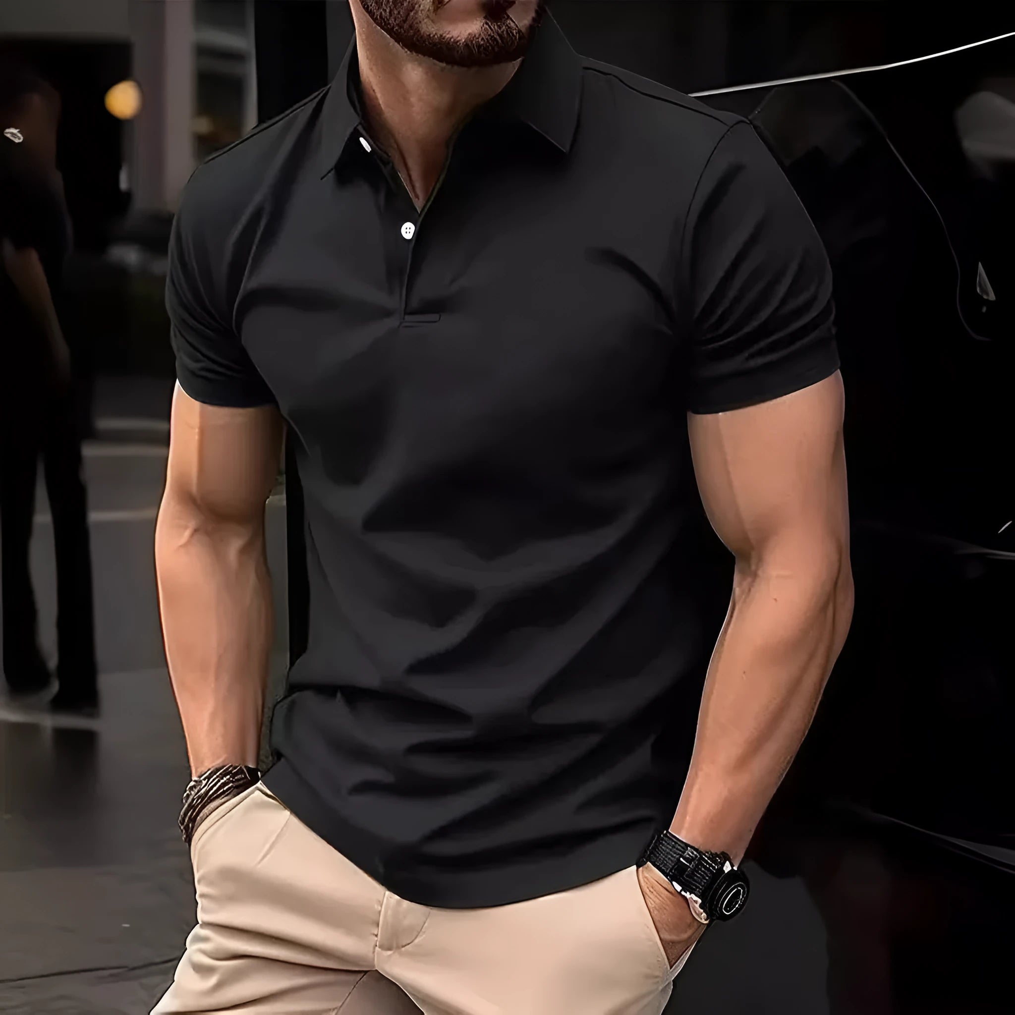 Men's slim fit solid colour short sleeve button-up shirt on a hanger.