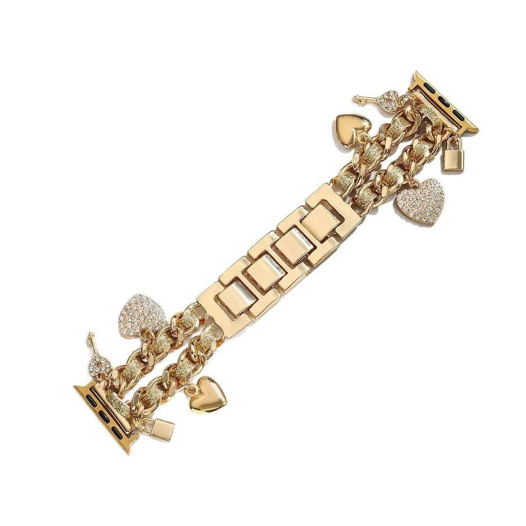 Golden heart pendant ladies watch strap in gold alloy on display with multiple size options visible