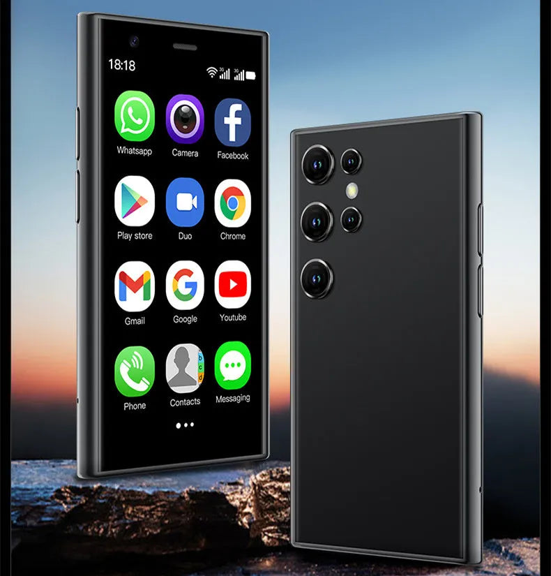 Black, green, and pink purple mini Android smartphone with 3-inch screen showing home screen interface