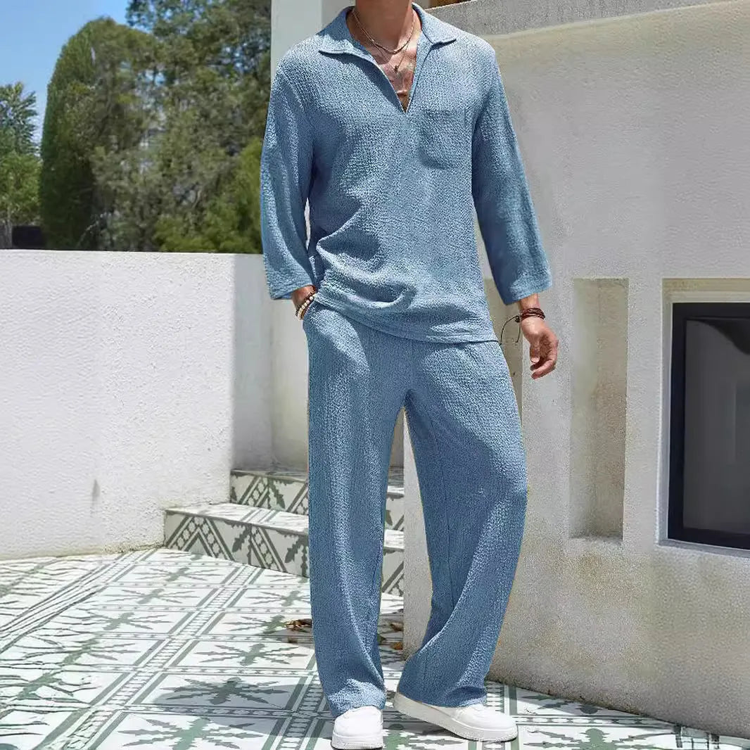 Men's casual shirt trousers suit in polyester, shown in lake blue, with shirt-style jacket and matching trousers.