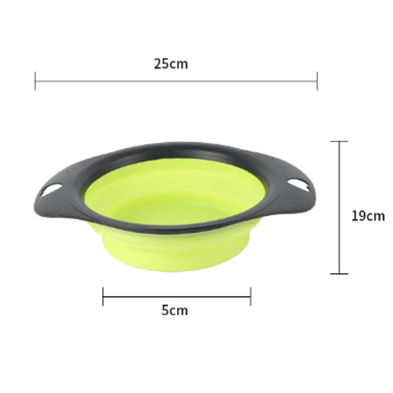 Silicone folding pet bowl shown open as shallow dish and folded flat for storage