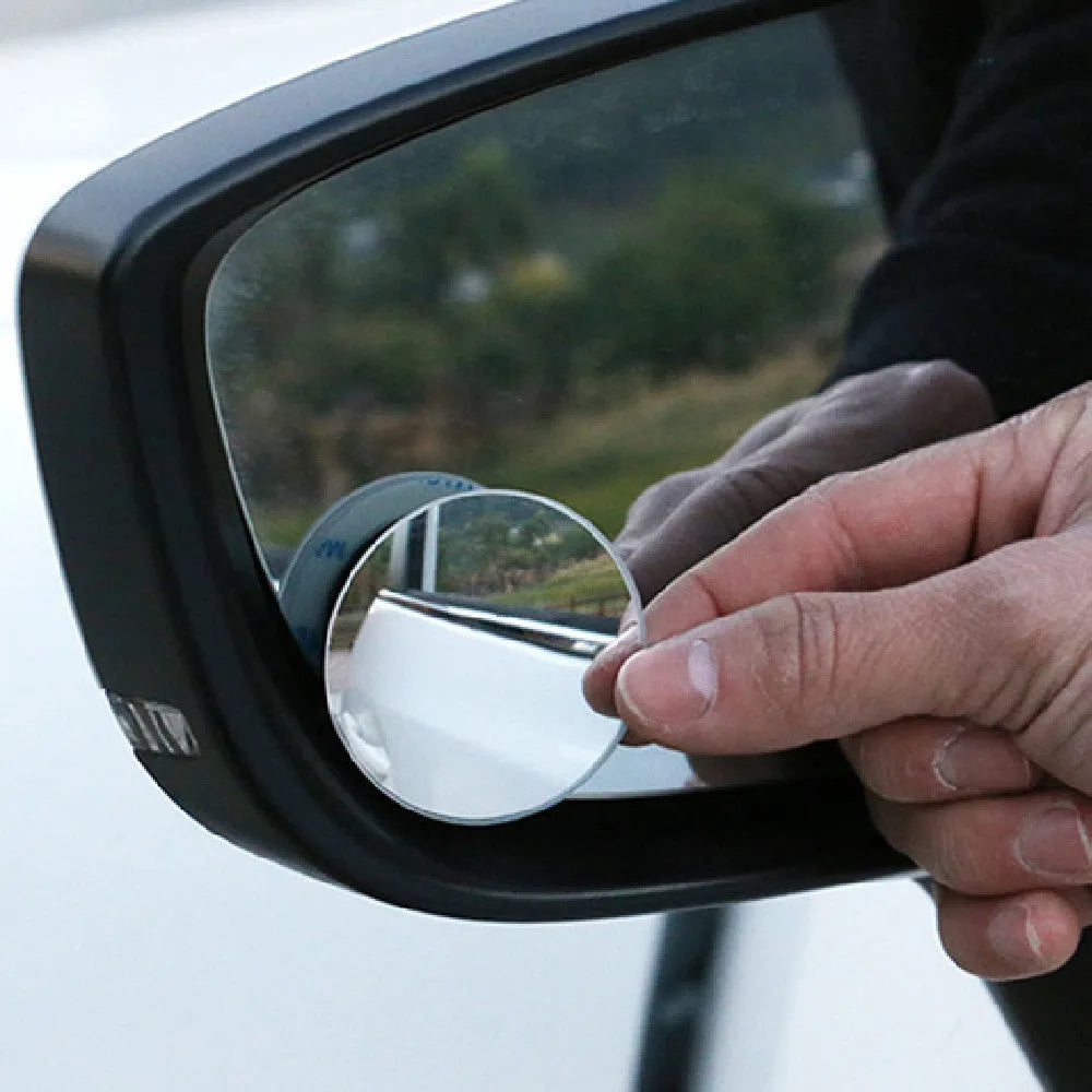 Silver car blind spot mirror with convex glass and 360° adjustable mount for rearview mirror attachment