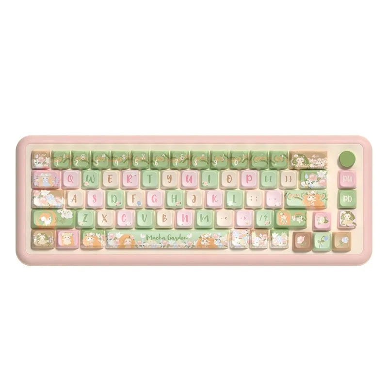 Mu Xia Garden Summer Garden themed PBT sublimation key cap set for mechanical keyboards, showing 138-key and 158-key layout options.