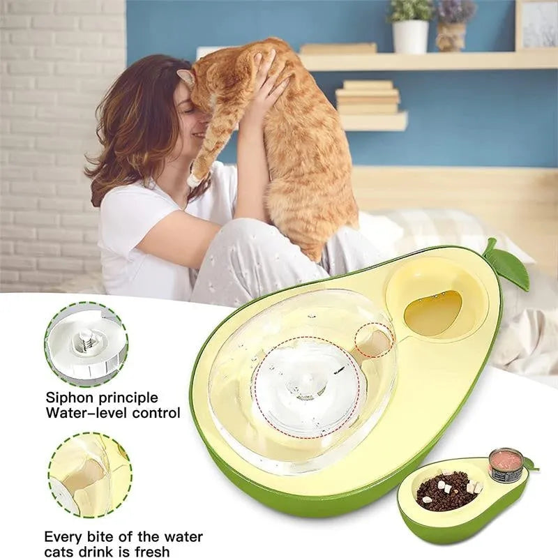 Green avocado-shaped pet feeder with automatic water bottle and separate food bowls