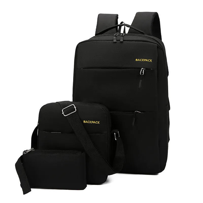 Men's navy blue nylon laptop rucksack with USB port, crossbody bag, and organiser pouch set on a table