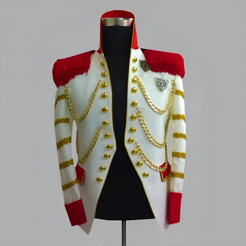 White men's slim fit stage jacket with black tassels on front, polyester fabric, long sleeves
