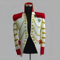 White men's slim fit stage jacket with black tassels on front, polyester fabric, long sleeves