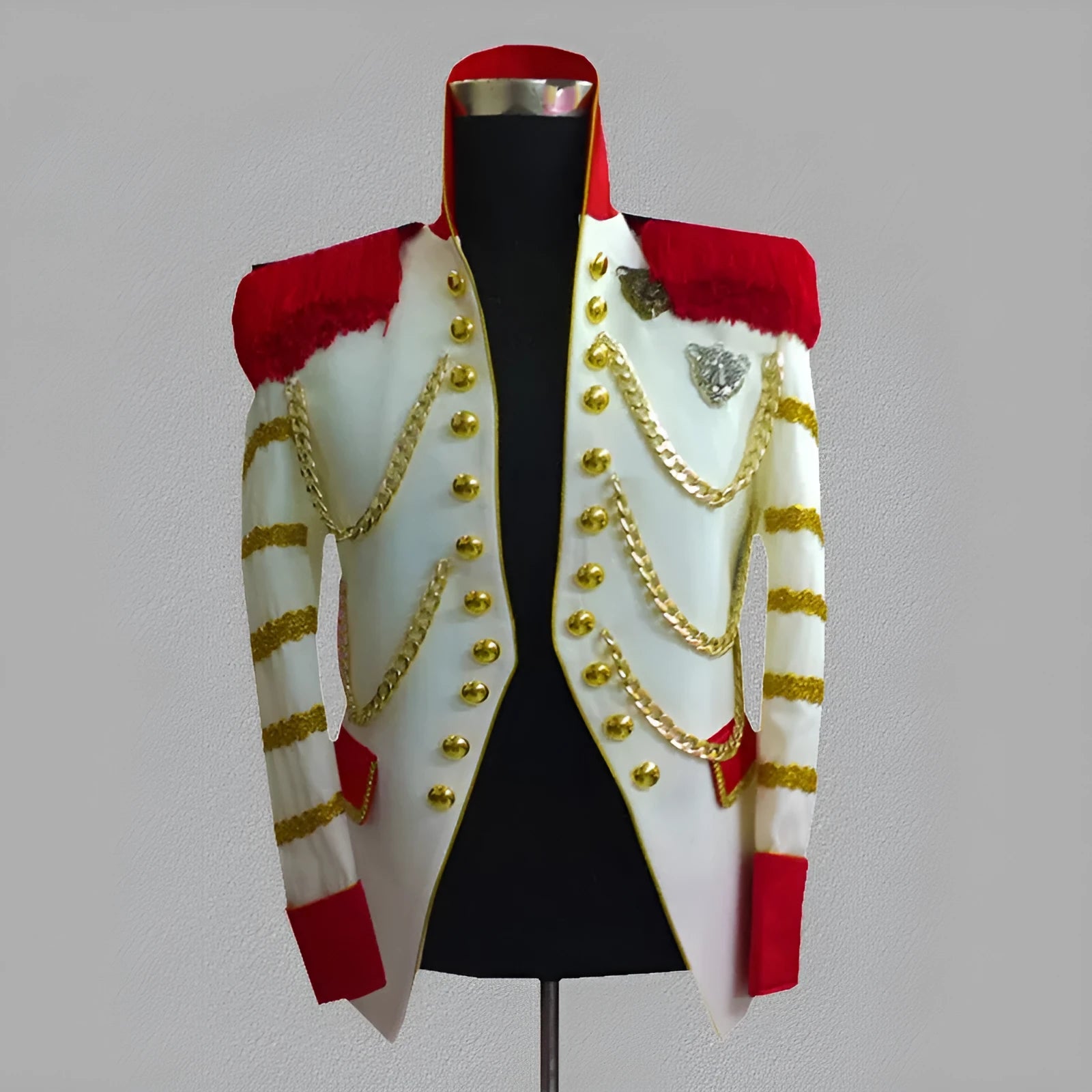 White men's slim fit stage jacket with black tassels on front, polyester fabric, long sleeves