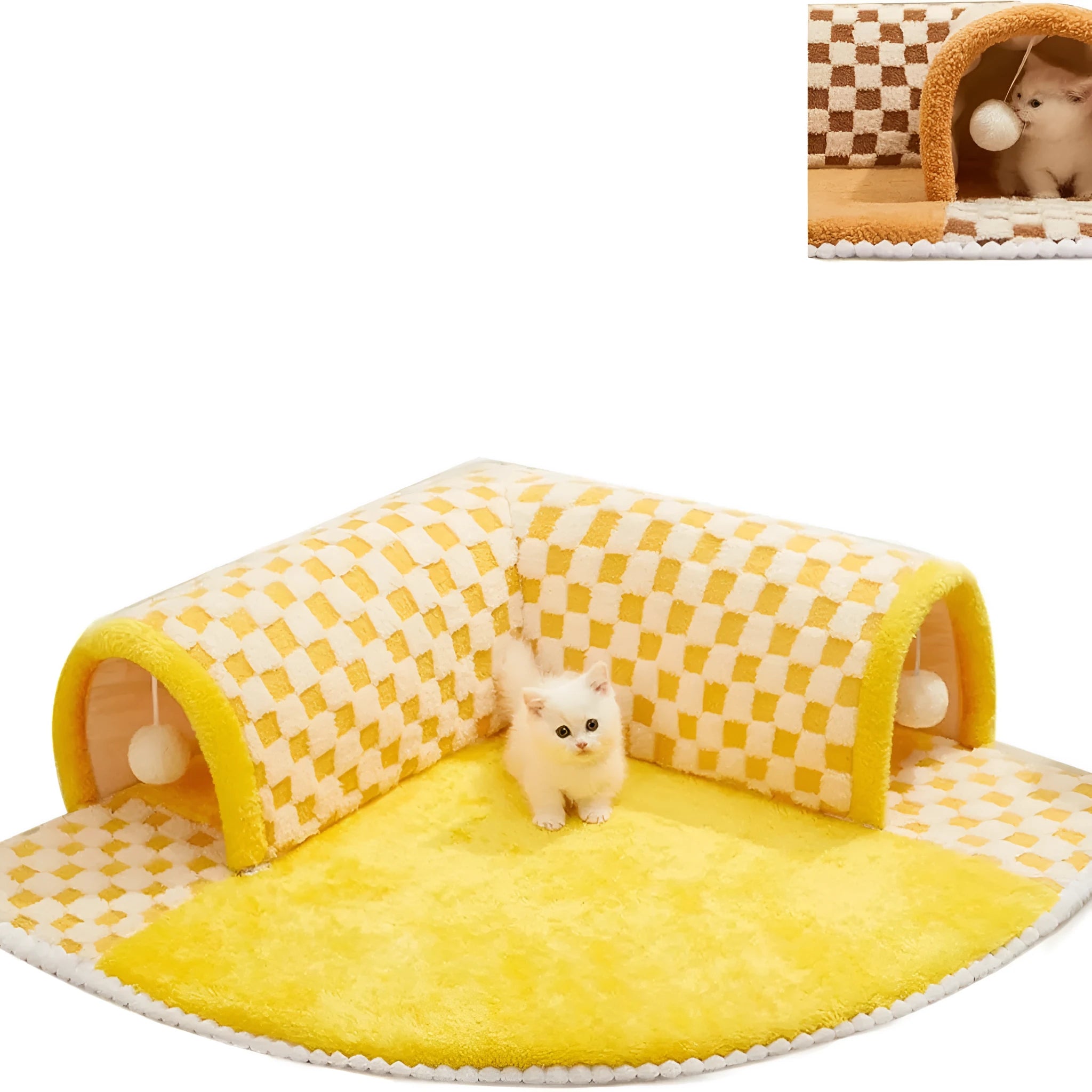 Brown plush plaid cat tunnel bed with central mat showing collapsible tube design